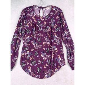 LOFT Women's Purple Floral Long Sleeve Keyhole Blouse Top Size‎ Small NWOT